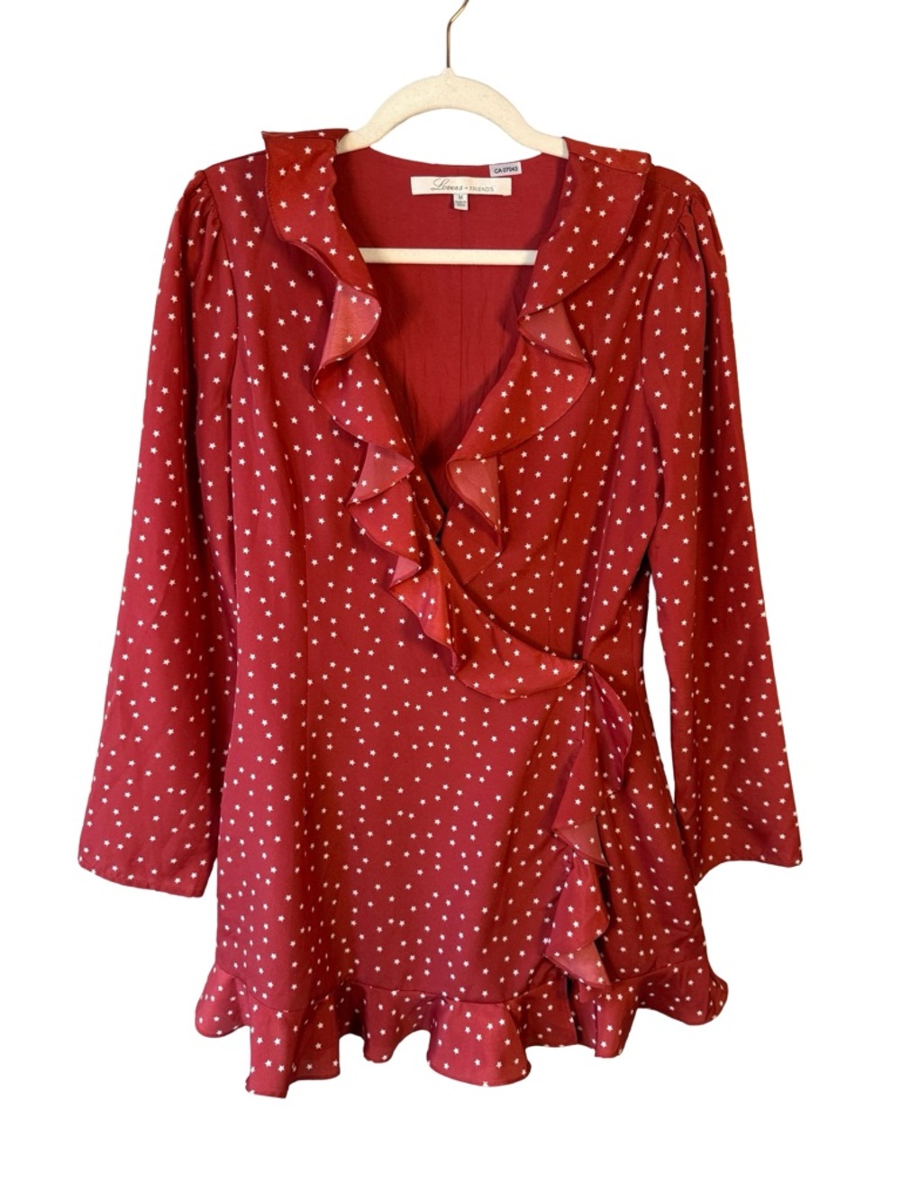 Lovers + Friends Red Star Print Wrap Long Sleeve Ruffle Romper Size M Feminine